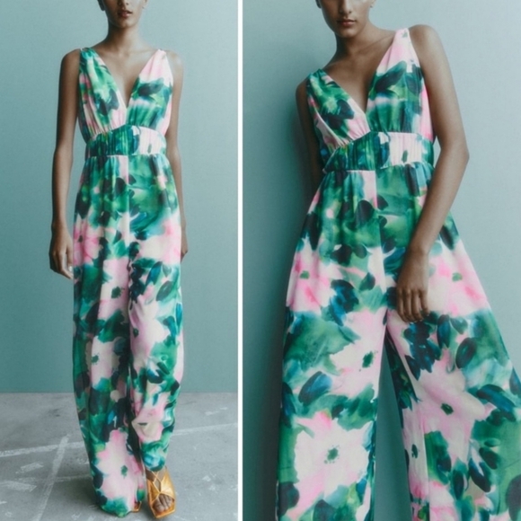 Zara Floral Wide Leg Jumpsuit Watercolor NEW - Picture 6 of 6